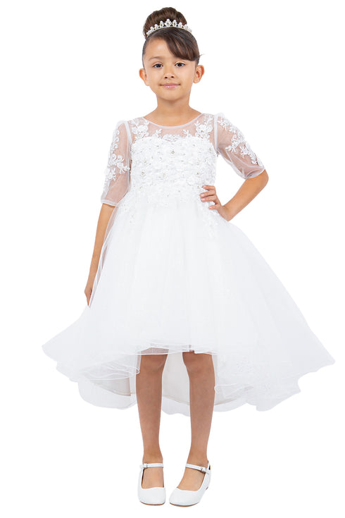 Girls Off White Illusion Neckline Beaded Floral Embroidery Hi Low Flower Girl Dress 2-16